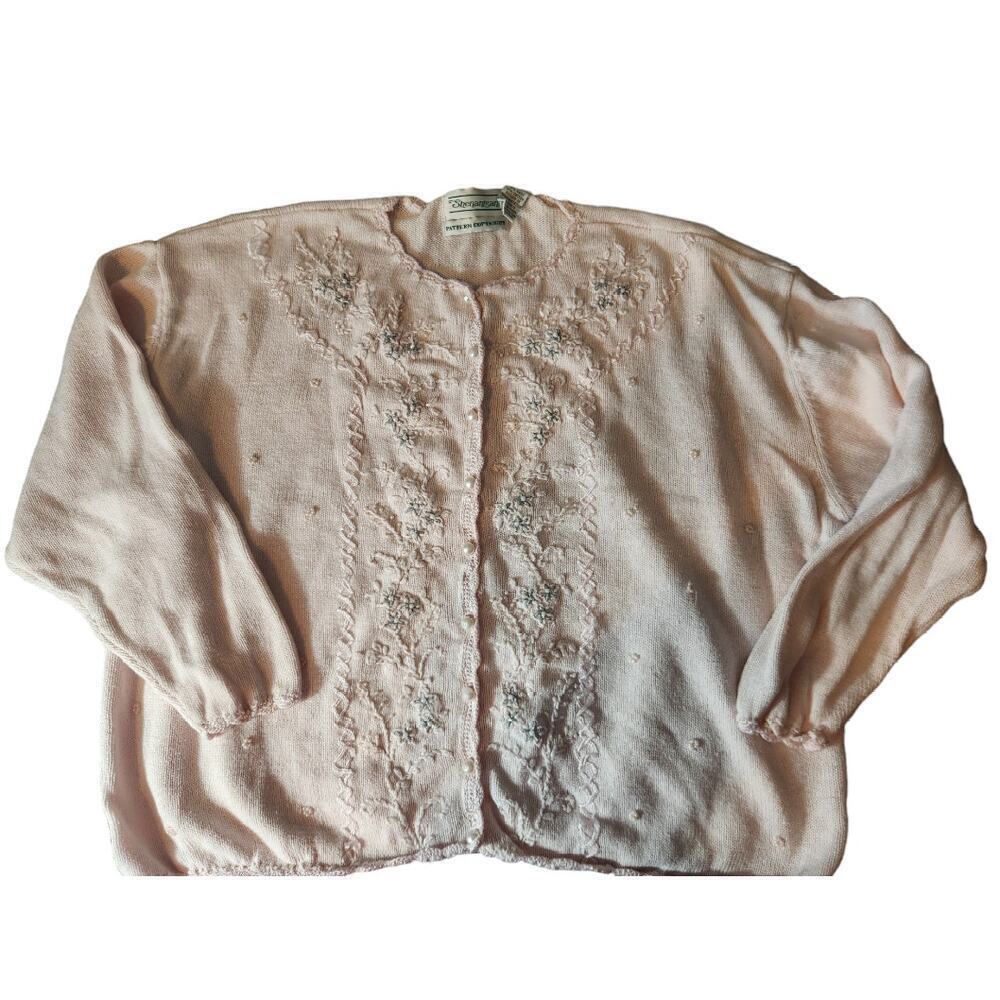 Shenanigans XL vintage pink knit button up cardigan with beads faux pearls